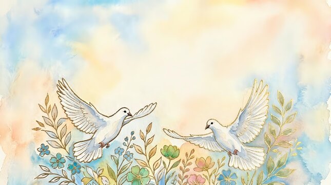 Two white doves flying among blooming flowers and botanical foliage in soft watercolor style