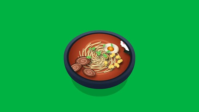 Premium 2D food animation featuring a carefully arranged bowl of ramen noodles, rich broth, soft boiled egg, sliced pork, nori, corn, spring onion, and colorful garnish with precise composition, appet
