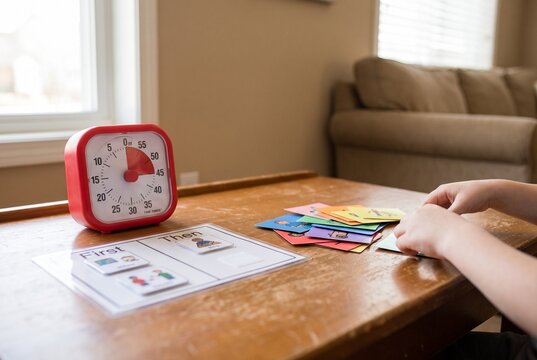  Autism therapy tools on wooden table with red Time Timer visual countdown clock First Then board and PECS communication picture cards being sorted by child's hands, ABA and speech therapy home setup 