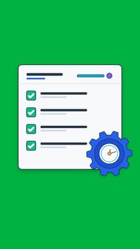Modern 2D vector vertical animation featuring a digital checklist, completed tasks, productivity gear, progress indicator, and responsive clock mechanism, visually representing workflow management, sc