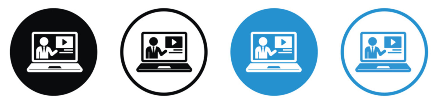 Video tutorial online presentation icon set on computer screen. Business e-learning video conference vector symbol featuring presenter in circular black and blue styles.