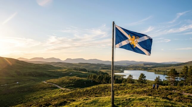 A flag of Scotland with a blue field featuring a white cross with a lion rampant in the center, set against a backdrop of rolling green hills and a lake under a clear blue sky.