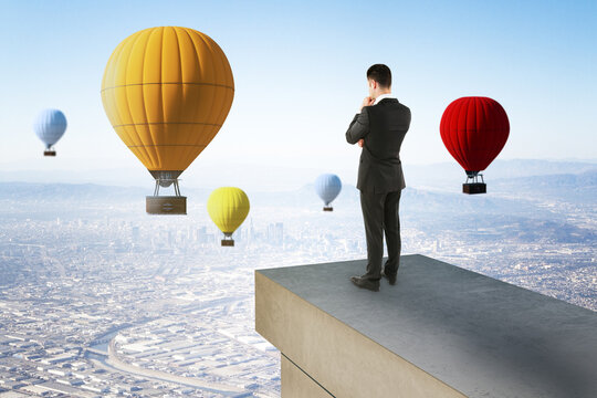 Businessman Thinking About Business Direction and Opportunity Among Colorful Balloons Above a City, Corporate Strategy and Creative Decision Path.