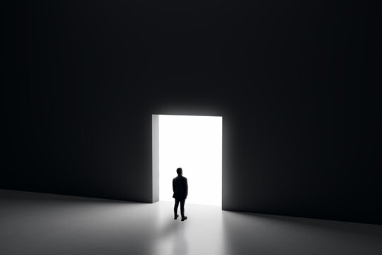 Businessman Standing Before a Bright Open Door in a Dark Corporate Space, Symbolizing Exit, Hope, Opportunity, and Courage to Begin Again.