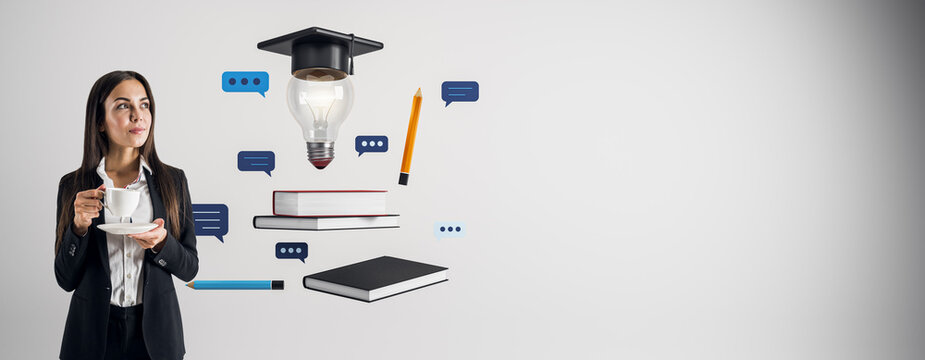 Professional businesswoman with coffee cup surrounded by books, graduation cap, light bulb, pencil and chat icons for education, study and career planning.