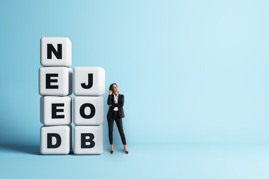 Businesswoman thinking beside oversized letter blocks spelling NEED JOB, symbolizing recruitment, career search, hiring strategy, and professional opportunity.