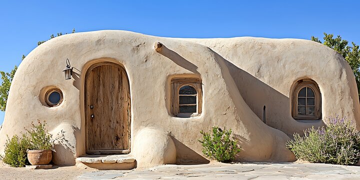 Modern white organic adobe house in a sunny landscape.