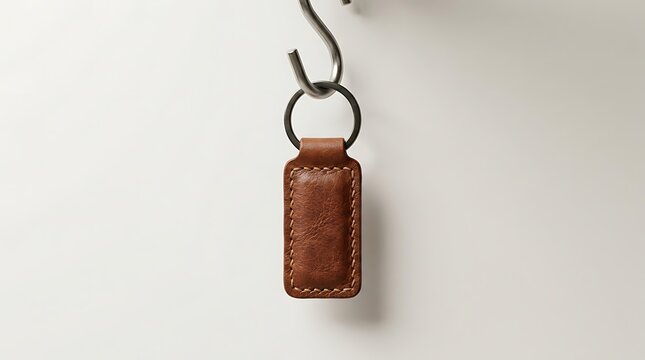 Small brown leather keychain hanging on a metal hook for keys and personal accessory organization. Leather keychain mockup, 