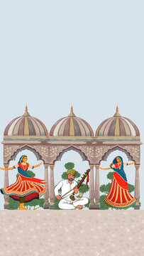 Wedding Invitation Traditional Indian Musicians and Dancers in Arched Architecture Illustration