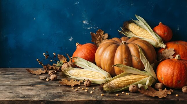 Autumn harvest pumpkins and corn arranged on rustic wood with fall leaves against a textured blue background