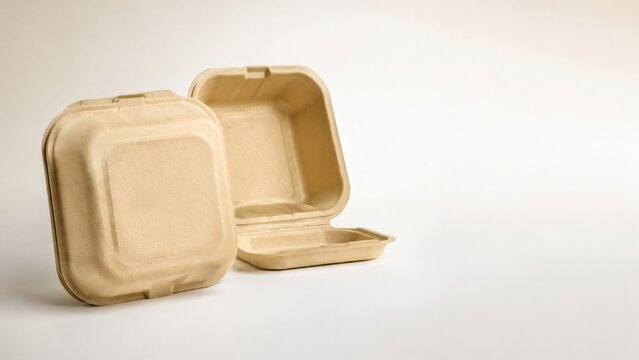 Two moulded fibre clamshell lunch boxes standing open and closed on a clean white background with wide empty space at the right for food packaging campaigns