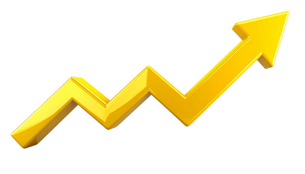 yellow 3d arrow pointing upwards, showing business growth, isolated on transparent background
