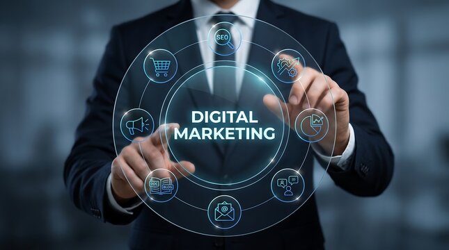 Professional businessman touching glowing digital marketing interface with icons for advertising and search engine optimization strategy in modern office environment for corporate business concept