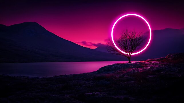 Neon pink circle framing a tree in mountain landscape.
