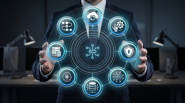 Professional businessman controlling network and cybersecurity digital marketing interface with server and shield icons for data integrity and corporate business strategy