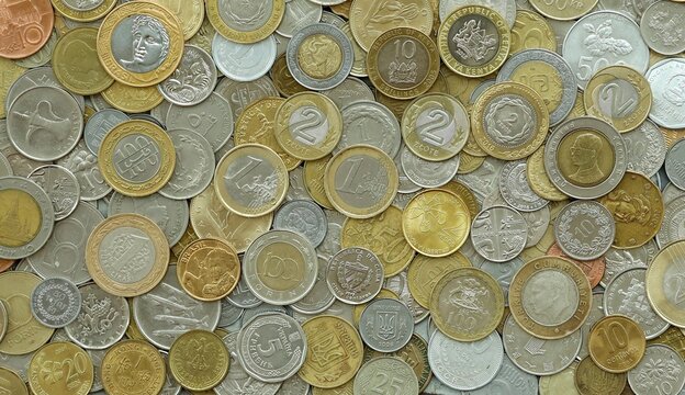 Big pile of coins from different money currencies. Treasure and numismatics concept