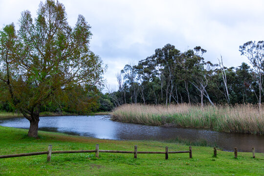 Klein River and Klein Mountains, Stanford, South Africa on a misty dark morning