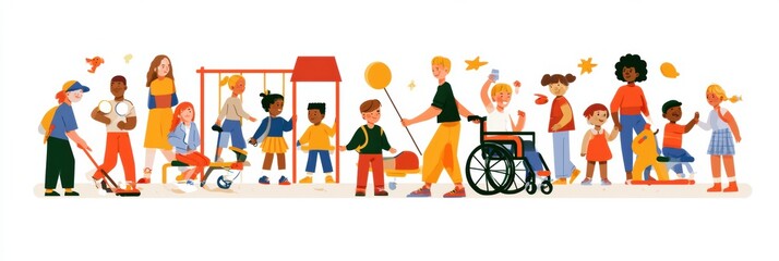 Fototapeta premium Children of different backgrounds and abilities engage in play and fun activities in a bright inclusive playground setting with joyful moments.