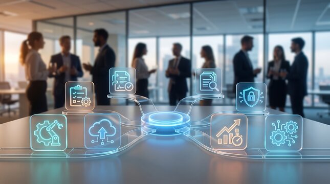 Business people standing in office boardroom with digital holographic icons of management and technology processes hovering above conference table in professional workplace setting