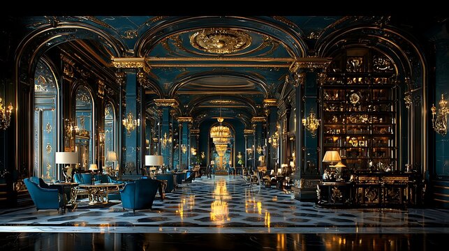 Opulent dark study with gold trim and chequered marble floor.