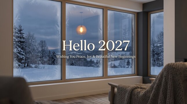 Hello 2027 greeting displayed on a window showing a winter snowy landscape with snowy field winter season holiday season cozy home winter scenery