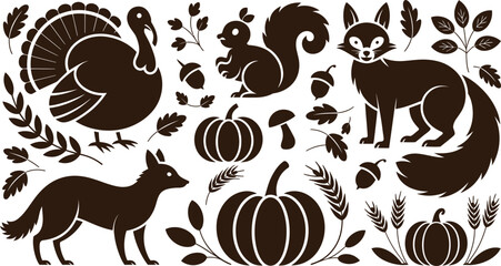 Obraz premium A charming collection of autumn Thanksgiving animals and harvest element silhouettes for seasonal design projects