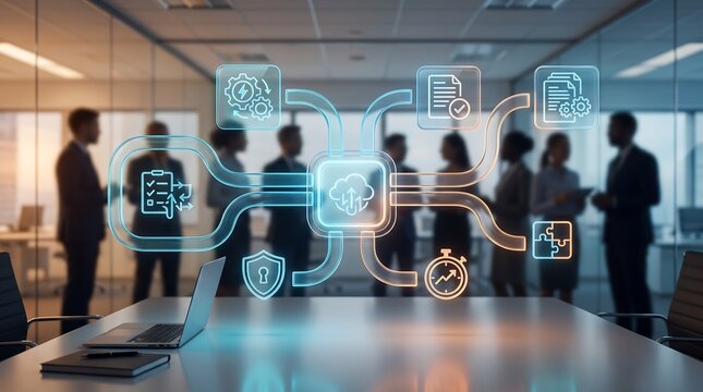 Business meeting in boardroom featuring glowing digital cloud computing and workflow automation icons hovering above table for professional project management and data security