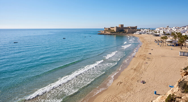Scenic beach view with castle and white buildings along the coastline