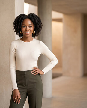 Young African woman poses confidently in modern architectural setting