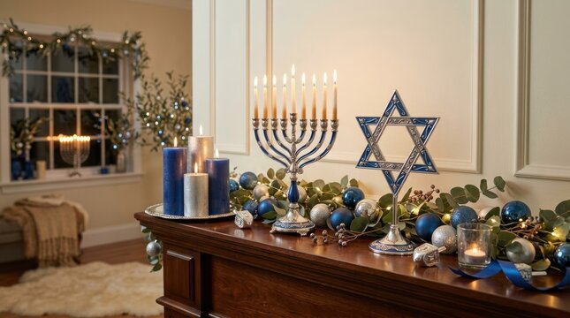 A Hanukkah menorah with blue and white decorations, a blue Star of David, and candles on a wooden mantle with blue and white ornaments.