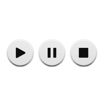 White round buttons with black play pause and stop symbols isolated for digital media control and audio video player interface.