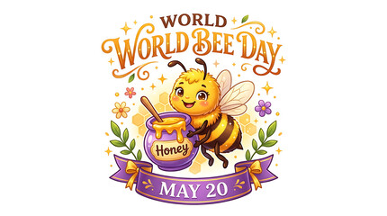 Fototapeta premium Cute bee illustration for World Bee Day with honey pot and flowers on white background
