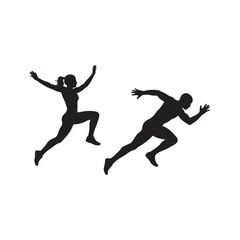 Fototapeta premium This image features two human figures shown in dynamic active poses. The figures are rendered as a solid black silhouette against a plain white background 