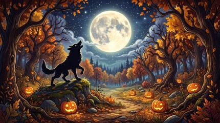 Fototapeta premium A wolf howling at the full moon in a forest with pumpkins and trees.