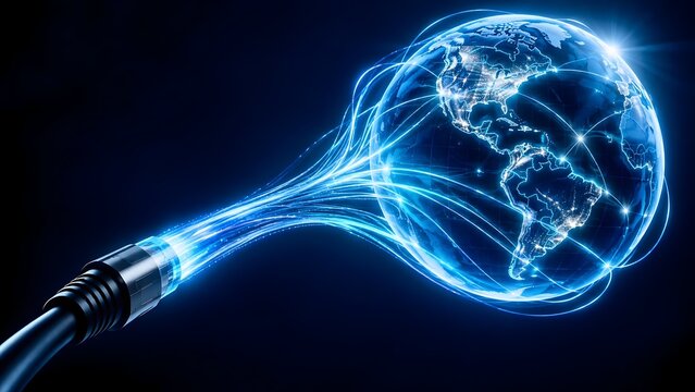 Global internet network connectivity telecommunications concept with glowing optical fiber cable connecting to digital earth globe