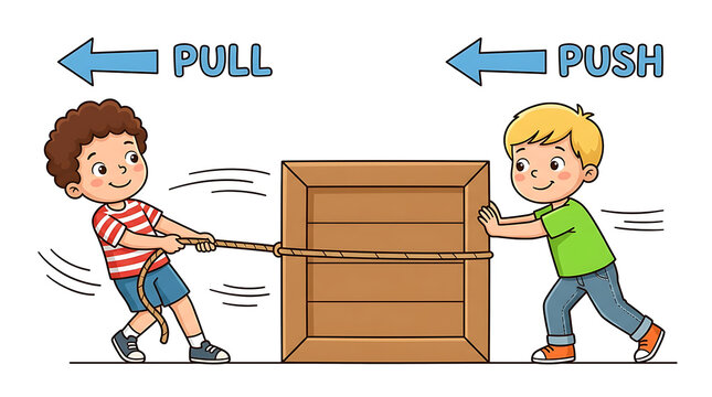 Boys demonstrating push and pull force physics concepts with a wooden crate vector