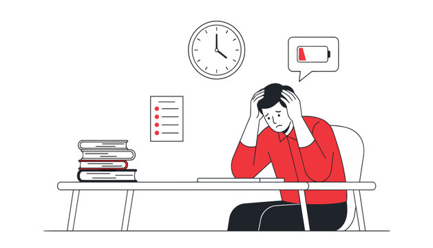 Exhausted stressed man sitting at office desk holding head with low battery indicator icon