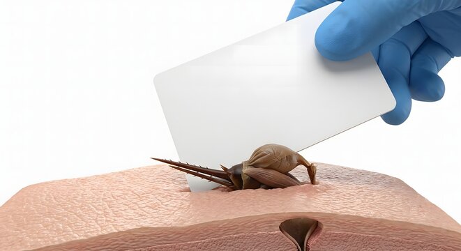 Macro 3D Render of First Aid Bee Stinger Removal from Human Skin Using a Card