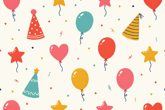 Festive birthday party pattern with colorful balloons and hats, seamless celebration background with stars and confetti, playful holiday wallpaper