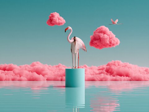 Man in a suit stands with a flamingo on a pedestal in a surreal pink cloud landscape.