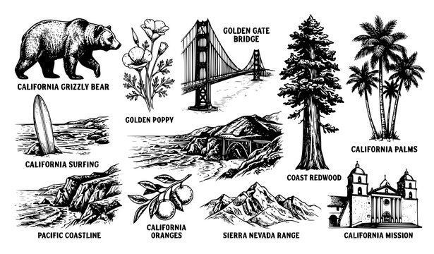California themed black and white icon collection featuring bear, Golden Gate Bridge, palm trees, mountains, flowers, and wildlife