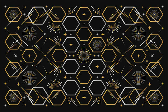 Art Deco geometric pattern with gold hexagons, luxury celestial background with stars and sunbursts, elegant black and gold wallpaper