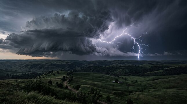 huge thunderstorm above rolling hills bright lightning bolts zig zag dark clouds dramatic weather photo powerful mood high contrast cinematic scale
