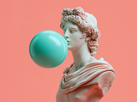 Classical sculpture blowing a large turquoise bubble gum balloon