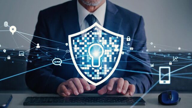 パソコンを使う男性とサイバーセキュリティのコンセプト