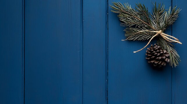 Pine branch tied to blue wooden planks.