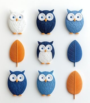 Pattern of owl and leaf shapes in blue and orange.