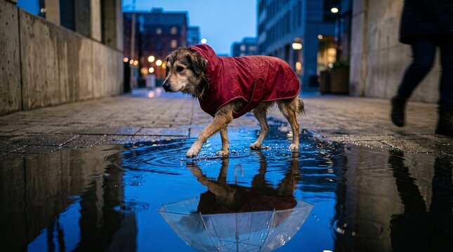 Raincoat dog reflected in a cobalt puddle after rain