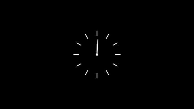 Minimalist white clock face on black background with hour and minute hands ticking time passing concept.Motion graphics of concept