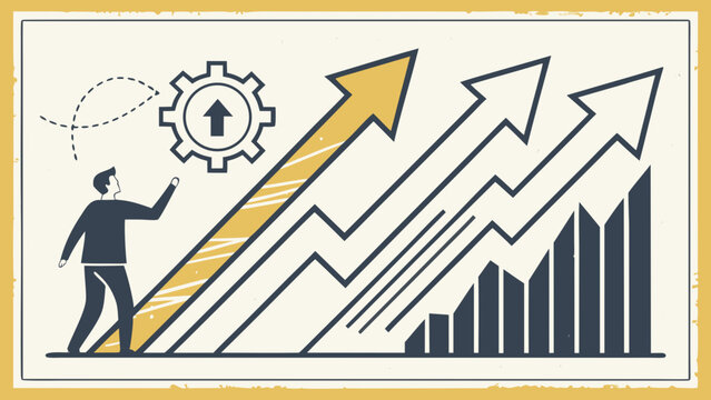 Business growth concept with rising arrows, businessman climbing upward, gear and upward chart symbolizing success, strategy, progress and financial development
